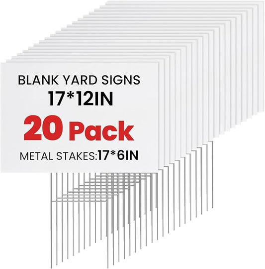 20 Pack Yard Signs with Metal Stakes, Custom Yard 17 x 12 Inches, Corrugated Plastic Board for Sale Sign Outdoor, Rent, Guidepost, Garage Sale Signs, Birthday Party