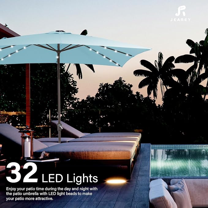 JEAREY 8x10 ft Rectangular LED Lighted Patio Umbrellas Outdoor Solar Table Market Umbrella w/Crank, 8 Sturdy Ribs, UV Protection Waterproof Sunproof(Lake Blue)