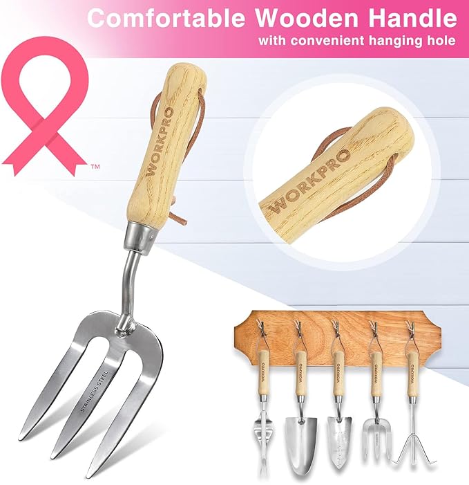 WORKPRO 8-Piece Pink Garden Tool Set, Stainless Steel Gardening Tools with Wood Handle, Including Garden Tote, Gloves, Trowel, Hand Weeder, Cultivator and More, Gardening Gifts for Women - Pink