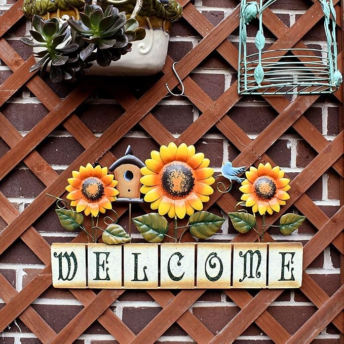Morning View Metal Sunflower Welcome Sign Hanging Flower Wall Decor Door Sign Decorative Wall Plaque Outdoor Garden Porch Yard Home Decor 17.5X11.25 Inch