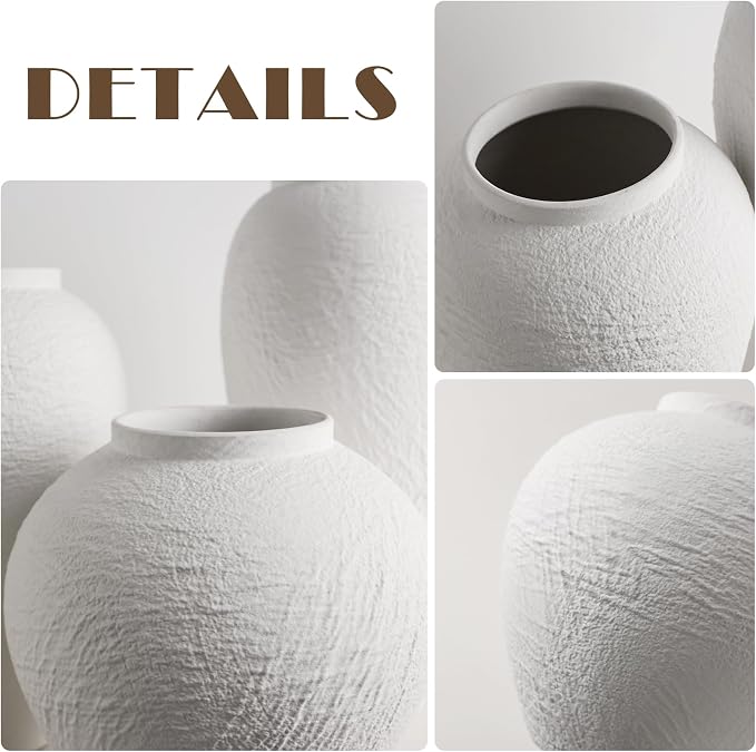 Vintage Ceramic Vase, Minimalist Texture Stone Patterned White Flower Vase, Decorative Vase for Living Room Shelf Farmhouse Dining Table Centerpiece Decor (White Texture 7.9'')