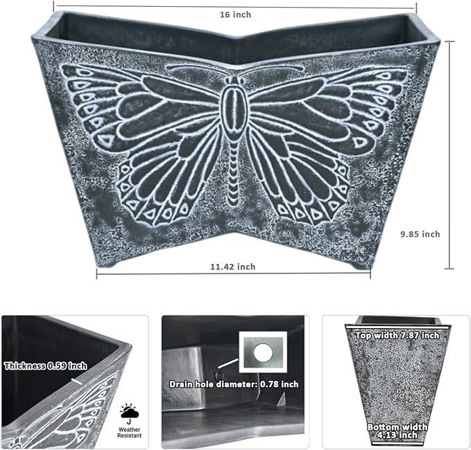 GreenShip 16 Inch Large Resin Flower Pots Set of 2, Resin Planter Pot with Drainage Hole, Vintage Butterfly Embossed Decorative Garden Pot, Weather-Resistant for Porch, Patio, Indoor Use, Dark Grey