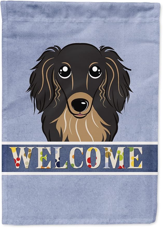 Caroline's Treasures BB1399GF Longhair Black and Tan Dachshund Welcome Garden Flag, Blue Mailbox Flag Decorative Yard Flag Banner Outside Patio Artwork Yard Flower Beds, Garden Size, Multicolor