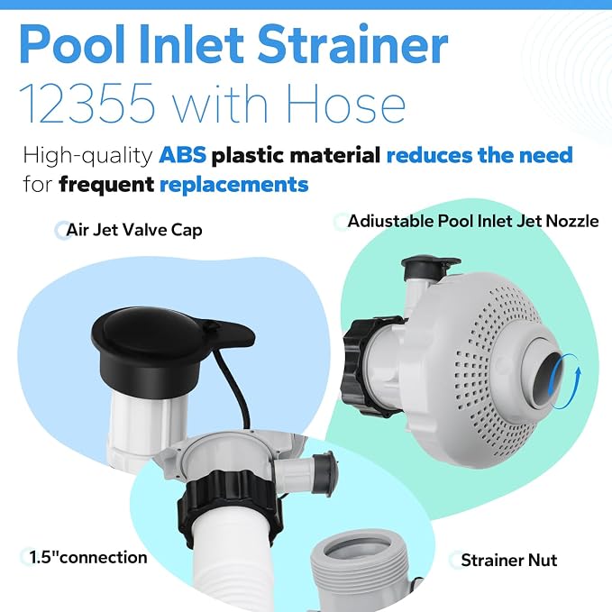 12355 Large Inlet Air Nozzle with Hose Compatible with Intexx 1900-2450gph Pumps, Pool Inlet Air Nozzle for Intexx 18' and Larger Pools, Strainer Grid Inlet Water Jet Nozzle Kit, Pool Replacement Part