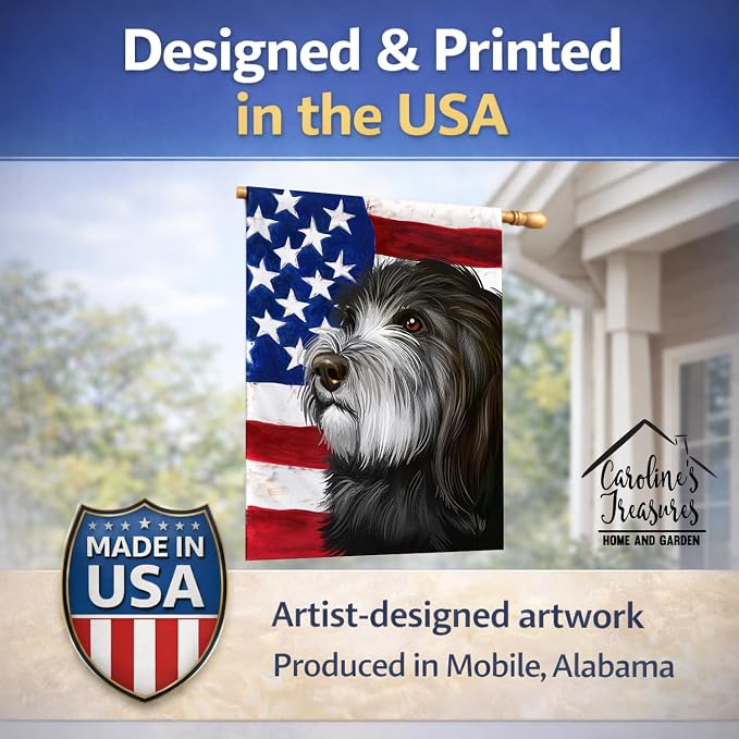 Caroline's Treasures CK6480CHF Catalan Sheepdog Dog American Flag House Flag Large Porch Sleeve Pole Decorative Outside Yard Banner Artwork Wall Hanging, Polyester, House Size, Multicolor