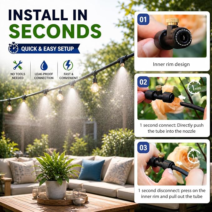 50FT Misters for Outside Patio, Outdoor Misting Cooling System with 8 Brass Nozzles & Filters, DIY Misting Kit for Backyard Garden Greenhouse Deck Umbrella Canopy Pool Porch Trampoline