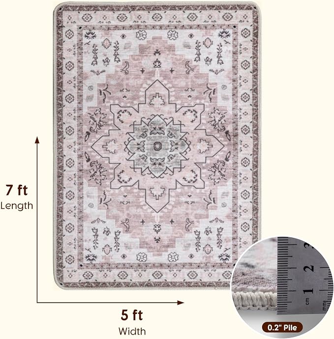 LBRO2M Machine Washable Rug Soft Pet Friendly Carpet 5X7 Pink | Persian Rug 5X7 for Living Room, Bedroom, Dining Room, Home Office, Non Slip Carpet, Foldable Stain Resistant Rugs