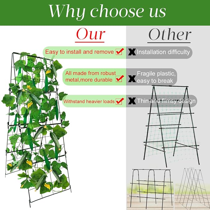 Heavy Duty Cucumber Trellis Thickened for Raised Garden Bed,48"x16" Foldable Frame Metal Vegetable Trellis for Climbing Plants Outdoor Plant Support for Grape Tomato Peas, Fruit, Vine,Bean(1 Pack)