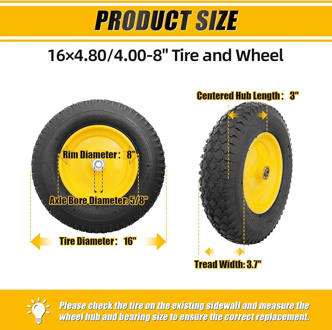 MZREXN 4.80/4.00-8" Tire and Wheel, 16" Pneumatic Wheelbarrow Tire | 5/8"&3/4" Bearing,3"-7"Centered Hub,Fit Hand Truck/Garden Carts/Yard Wagon/Utility Carts/Dolly/Trolley,Yellow 2pcs