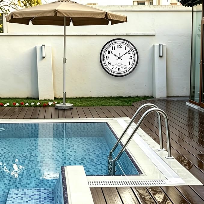 JENLYSTIME 12 Inch Indoor/Outdoor Retro Waterproof Wall Clock with Thermometer Silent Round Quartz Battery Operated Easy to Read Decorative for Kitchen Patio,Bathroom,Deck,Porch,Pool(Silver)