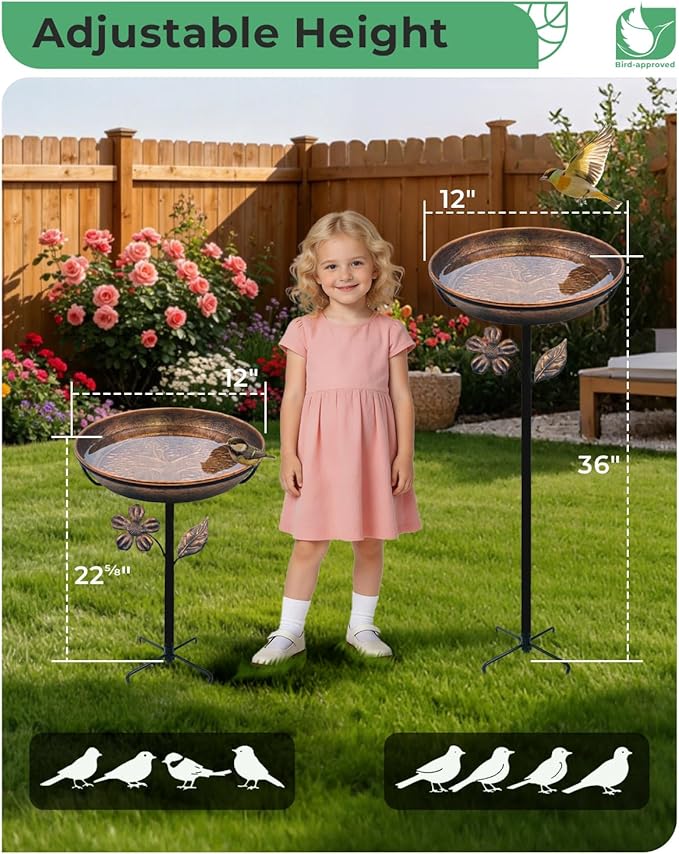 Metal Bird Bath for Outside 12" Tree of Life Birdbath Bowl with Stake | Adjustable Height Vintage Outdoor Bird Bath | Rust Resistant Easy to Clean for Garden Yard Lawn Decor Decor, Copper