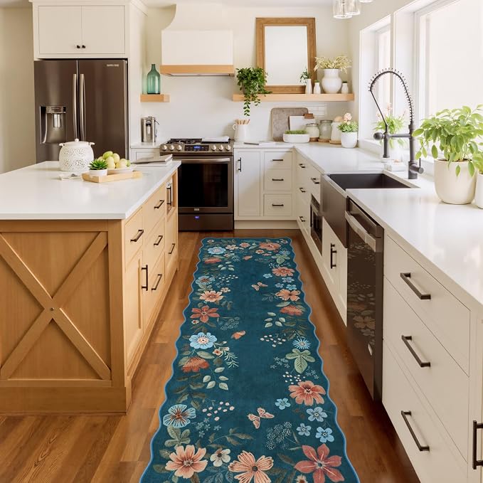 Lahome Floral Washable Runner Rug, 2'6''x8' Soft Hallway Runner Non Slip | Boho Ultra-Thin Kitchen Runners for Hallways with Rubber Backing Carpet for Laundry Bathroom Flore (Navy Blue)
