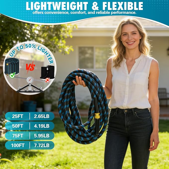 75FT Garden Hose, Non-Expandable Flexible Fabric Water Hose with 10-Function Spray Nozzle, Kink-Free & Lightweight Yard Hose with 3/4" Solid Brass Connectors for Lawn, Outdoor, RV & Marine Use