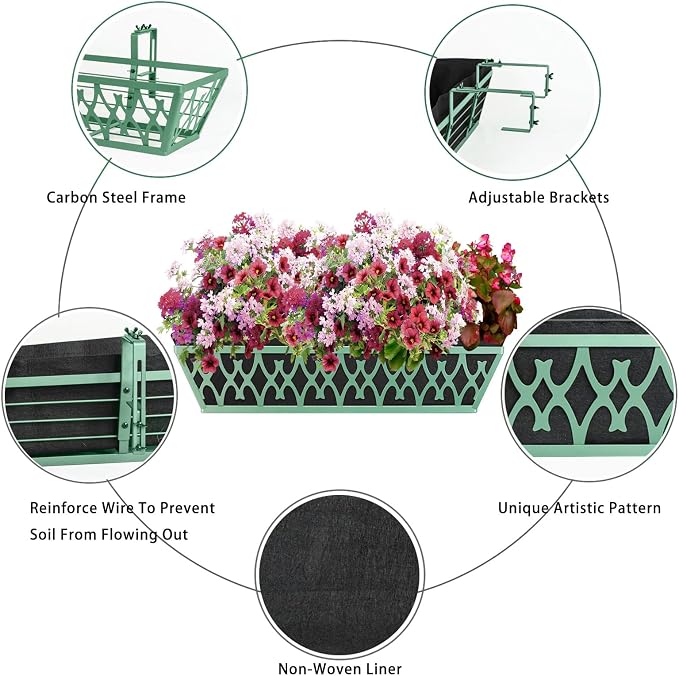 4 Pack 24 Inch Window Boxes Planters Railing Planter Box with Adjustable Brackets & Non-Woven Fabric Plant Grow Bags Deck Railing Planter Boxes Balcony Hanging Flower Box for Outdoor Plants