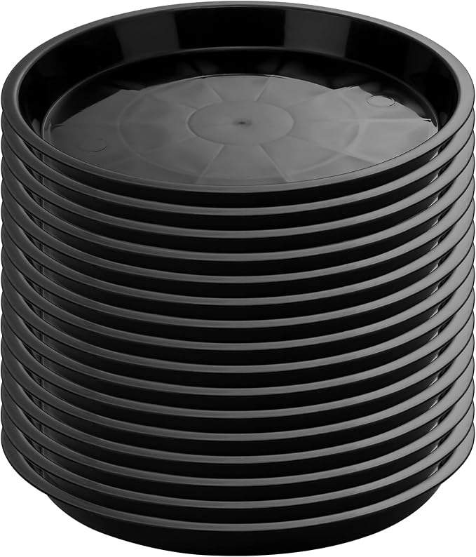 Honeydak 16 Pack 14.2 Inch Plant Saucer Plastic Plant Water Tray Plastic Saucers for Indoors Outdoors Round Pot Planter Heavy Duty Drip Trays for Garden Flower, Black
