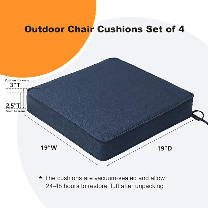 Unimatta Sunbrella Square Corner Seat Cushions, 18.5" x 16" x 3", Set of 4, Indoor Outdoor Water Repellent Universal Chair Pads with Ties for Patio Furniture, Garden Dining Chairs, Specrtum Indigo