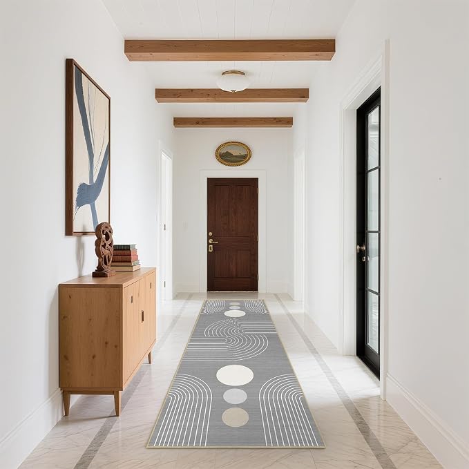 Boho Runner Rug 2x6 Modern Geometric Abstract Rug for Hallway Kitchen Bedroom Grey Mid Century Modern Runner Machine Washable Non-Slip Printed Low-Pile Long Floor Carpet for Bathroom Laundry Gray