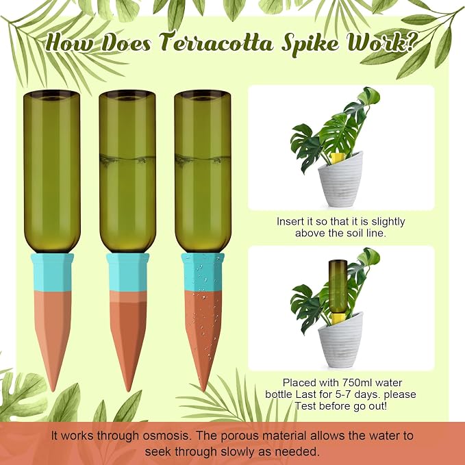 SiliFine 12 Set Plant Watering Devices Include Terracotta Self Watering Spikes and 26 oz Plastic Bottles, Slow Release Vacation Insert Automatic Plant Waterer Device (Green and Mixed Color)