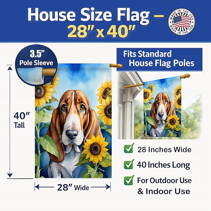 Caroline's Treasures DAC6017CHF Basset Hound in Sunflowers House Flag Large Porch Sleeve Pole Decorative Outside Yard Banner Artwork Wall Hanging, Polyester, House Size, Multicolor