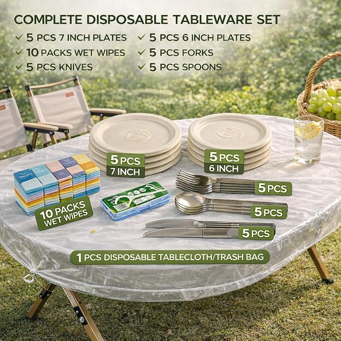 Disposable Picnic Kit for 5 – Lightweight Outdoor Dinnerware Set with Plates, Plastic Cutlery, Wet Wipes & Drawstring Table Cover, Portable Picnic Supplies for Park, Beach & Camping (5)