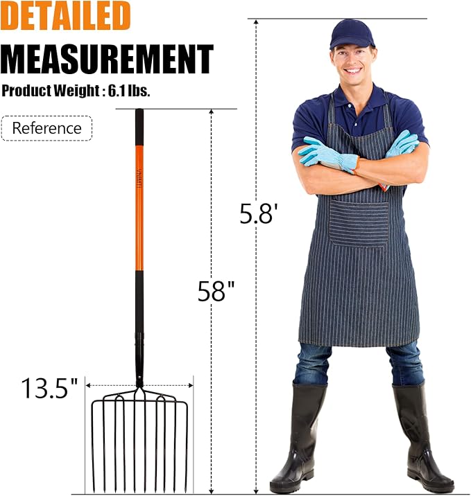 VNIMTI Pitch Fork Heavy Duty, 10-Tine Pitchfork with Fiberglass Handle, 58 Inch Garden Pitch Fork for Hay, Mulch, Compost, Farm and Gardening