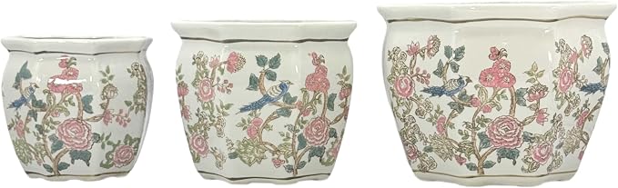 Galt International Multi Color Peony Round Fluted Floral Porcelain Ceramic Plant Flower Planter Pot Set of 3 (7.5", 10", 13") Garden Pots Chinese Asian Design Pink Blue Green