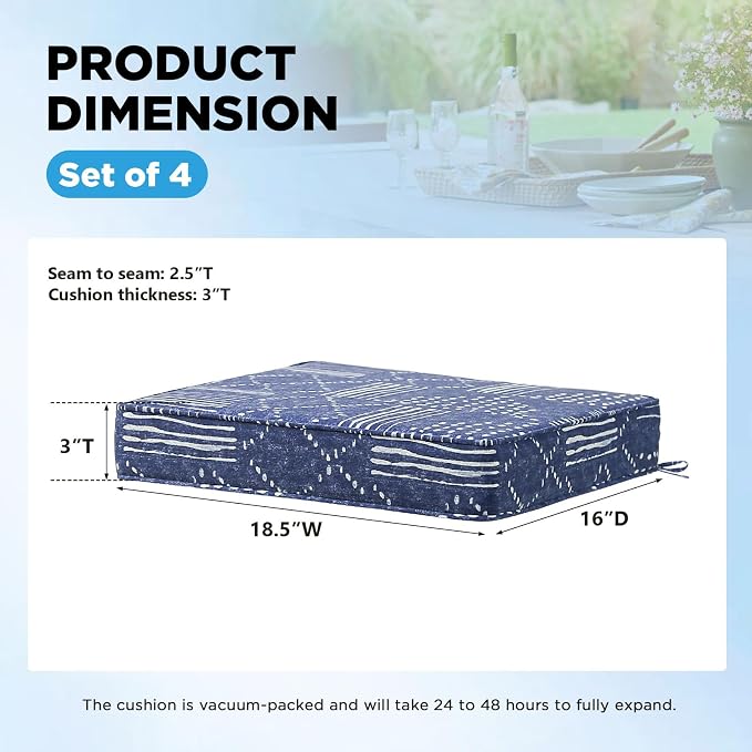 18.5 x 16 Inch Outdoor Chair Cushions with Tie Straps, Set of 4 Thick Water Repellent Rectangle Patio Chair Pads for Garden Lawn Patio Furniture, Cobalt Grid