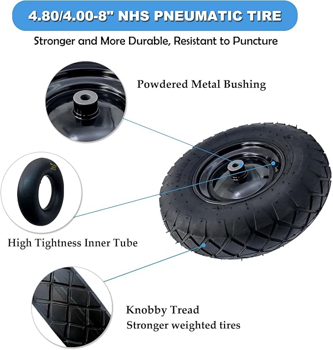 2-Pack of 4.80/4.00-8"Wheels,16" Pnuematic Tires,Steel Rim and 5/8"or 3/4" Axle Bore Hole,3-6" Centered Hub for Wheelbarrows,Garden Carts,Dump Cart,Utility Wagon and More，All Purpose Utility Tire