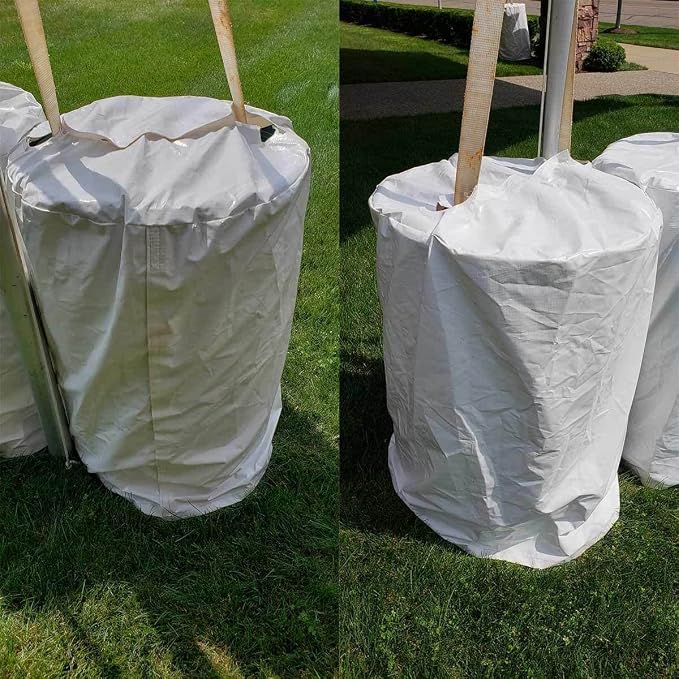 55 Gallon Rain Barrel Cover, White Vinyl, Waterproof Drum Protector with Hook and Loop Closure, for Canopy Tent Weights and Outdoor Storage 24 x 36 Inch, Fits Most 55 Gallon Drums