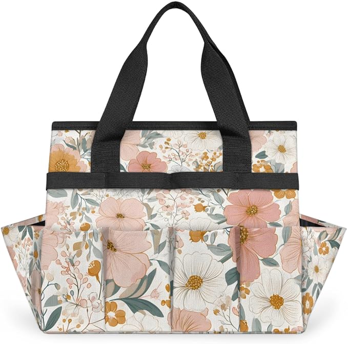 Garden Tote Bag with 10 Pockets Vintage Flowers Heavy Duty Gardening Bags for Tools Organizer Storage Bag with Handle for Garden Lawn Yard Casual