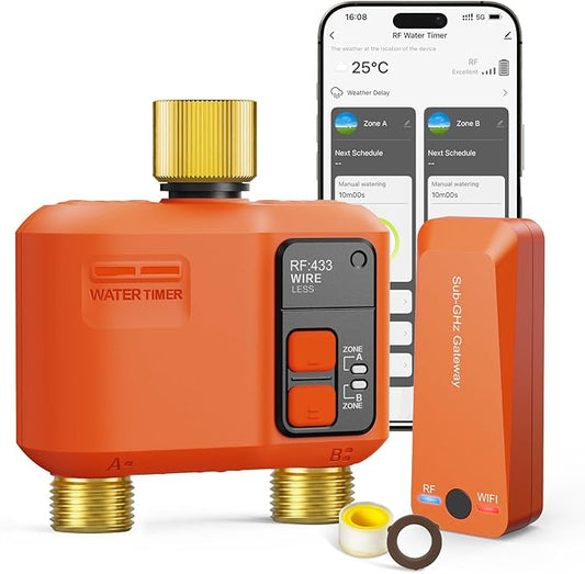 WiFi Water Timer for Garden Hose 2‑Zone, Smart Hose Timer with 984ft Long‑Range & Strong Wall‑Penetration, APP & Control,Voice Control, Rain Delay & Manual Mode, Brass Inlet & Outlet