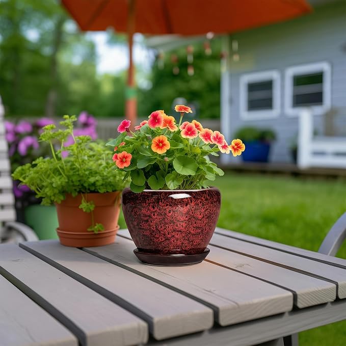 6 Inch Ceramic Pots for Plants - Indoor Plant Pots with Drainage Hole and Saucer, Decorative Planters for Outdoor Plants, Modern Planter, Living Room Decor, Gardening Gifts, Red Leopard