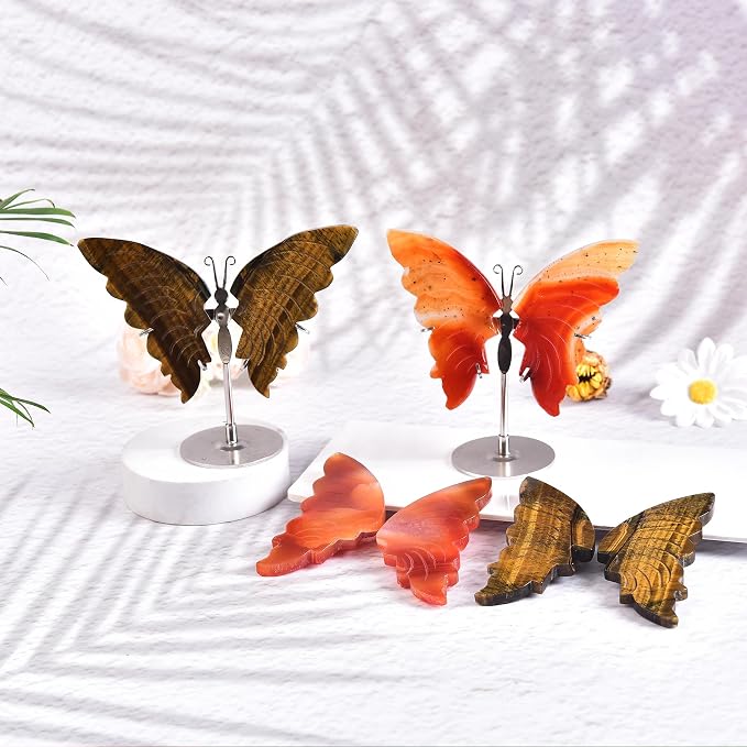 JIC Gem Natural Tiger Eye Stone Crystal Butterfly Art Wings Healing Crystal Carving Ornament with Display Stand Decoration Reiki(1pair, 10cm)