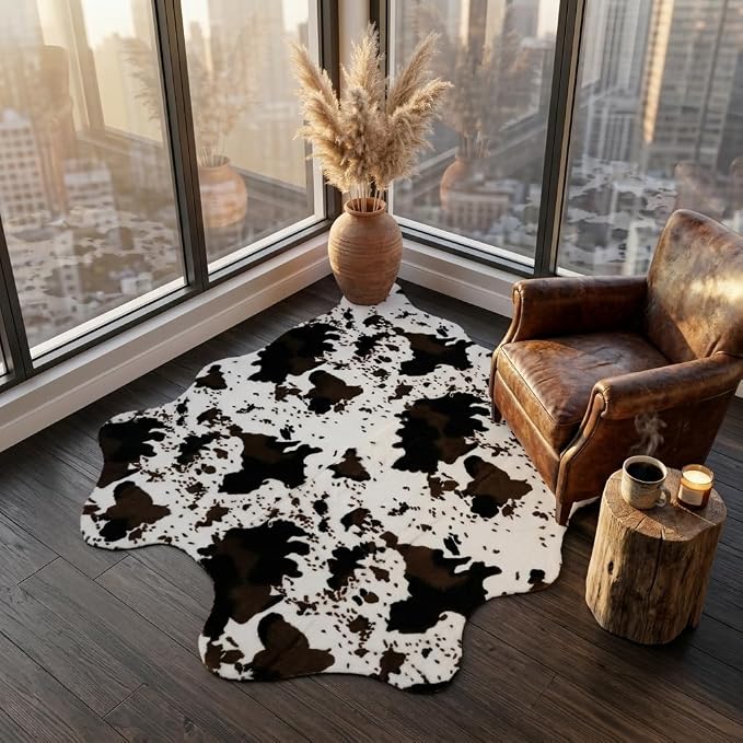 MustMat Cow Print Faux Cowhide Rug, Urban Western Decor Rug 4'7''×5'3'' | Works for Bedroom, Dining & Office | Matches Rustic Farmhouse | Perfect for Holiday & Birthday Parties