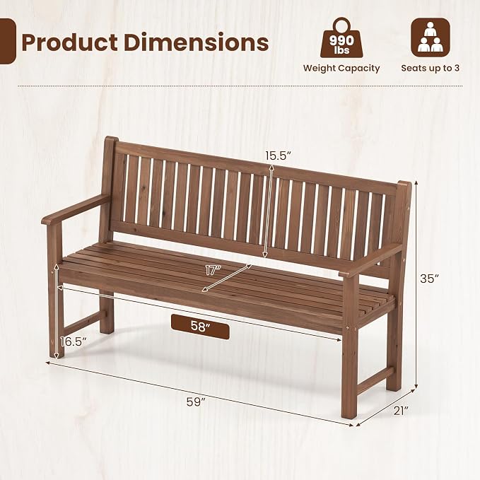 Tangkula 3-Seater Outdoor Wooden Bench, 59” Large Garden Bench with Backrest, Armrests, Slatted Seat, Loads up to 990 LBS, Fir Wood Bench Seating for Porch, Backyard, Deck, Poolside (59",Brown)