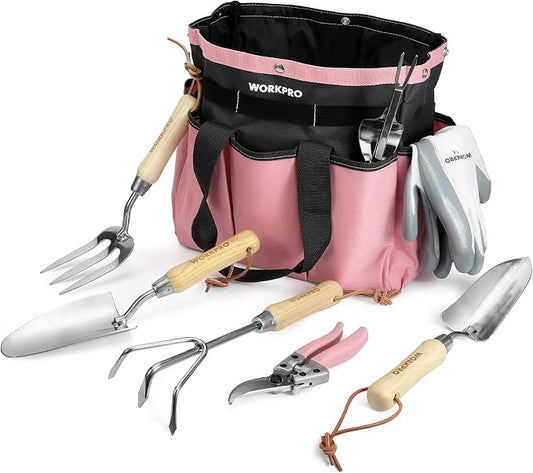 WORKPRO 8-Piece Pink Garden Tool Set, Stainless Steel Gardening Tools with Wood Handle, Including Garden Tote, Gloves, Trowel, Hand Weeder, Cultivator and More, Gardening Gifts for Women - Pink