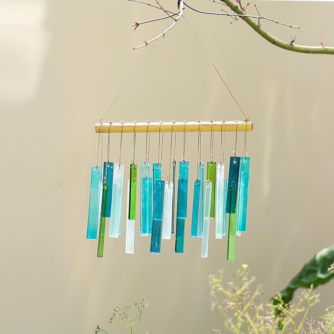 Handmade Metal and Glass Wind Chimes – Sea Glass Garden Windchimes for Outside, Hand-Painted Glass Suncatcher, Durable Memorial Chime for Patio, Porch, Backyard Decor, Unique Gift for Women