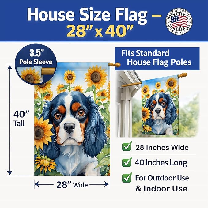 Caroline's Treasures DAC6049CHF Cavalier Spaniel in Sunflowers House Flag Large Porch Sleeve Pole Decorative Outside Yard Banner Artwork Wall Hanging, Polyester, House Size, Multicolor