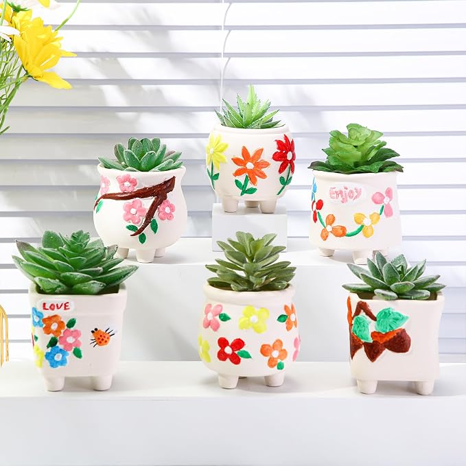 Leitee 24 Pcs Paint Your Own Ceramic Pot Bulk 2.76 in, Ready to Paint Small Pot Mini Succulent Planters Pottery Painting for Summer Classroom Craft Gift DIY Art Activity (Lovely Flowers)