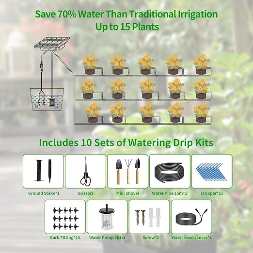 49FT Solar Drip Irrigation Kit with Digital Screen, Auto Watering Kit for 15 Pots, Solar-Powered Plant Watering,434 Timer Modes, 900ml/min Flow Indoor/Outdoor Garden, Balcony & Patio Irrigation System