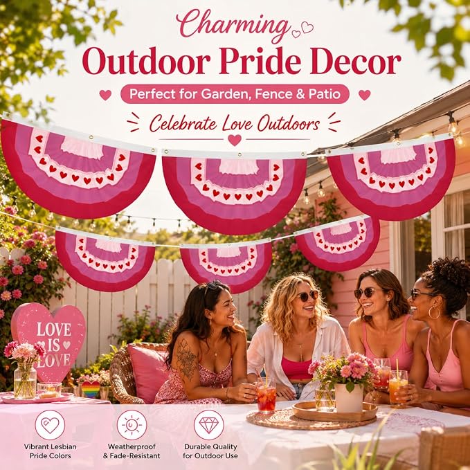 4Pack Lesbian Pride Bunting Flag 2 x 4 Ft, Pink Red White Heart Pleated Fan Flag for Pride Month, WLW Wedding Decorations, LGBTQ Love Party Banner, Same-Sex Wedding, Porch Wall Fence Decor