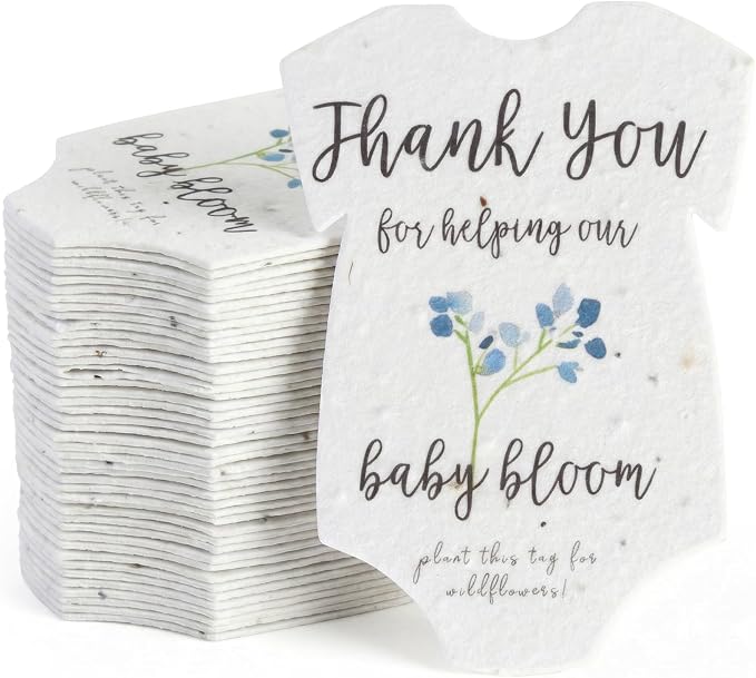 48pcs Blue Onesie-Shaped Gift Tags with Wildflower Seeds - Writable Gift Wrap Tags for Baby Showers, Mother's Day Present, Party Favors, DIY Crafts, & Earth Day Decorations