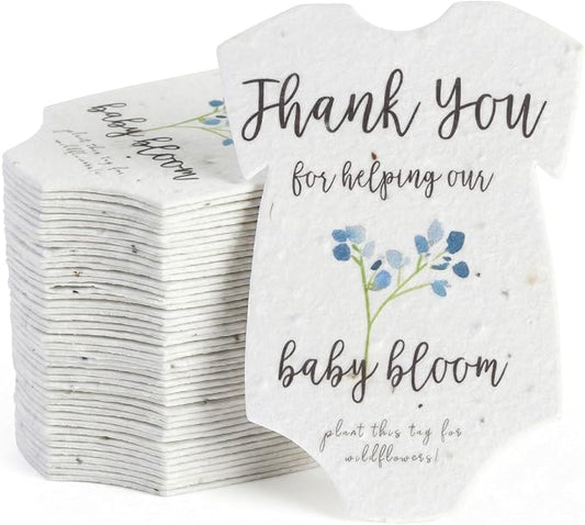 48pcs Blue Onesie-Shaped Gift Tags with Wildflower Seeds - Writable Gift Wrap Tags for Baby Showers, Mother's Day Present, Party Favors, DIY Crafts, & Earth Day Decorations