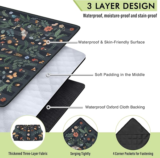 Mushroom Picnic Blankets Waterproof Foldable, 60″X80″ Packable Picnic Mat Insect Outdoor Blanket for Grass, Boho Large Beach Blanket Sandproof Picnic Accessories for Camping Music Festival Park Lawn