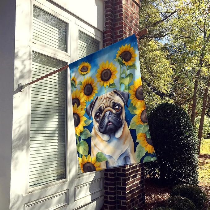 Caroline's Treasures DAC6145CHF Pug in Sunflowers House Flag Large Porch Sleeve Pole Decorative Outside Yard Banner Artwork Wall Hanging, Polyester, House Size, Multicolor