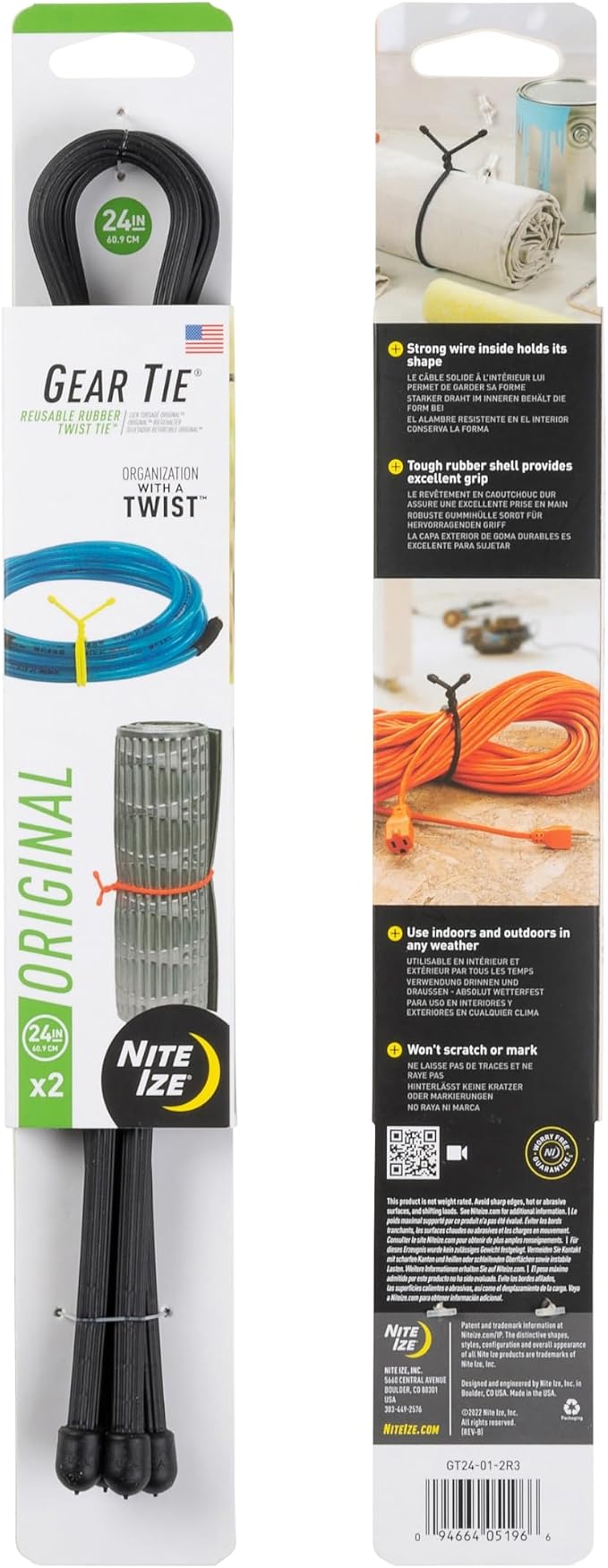Nite Ize Gear Tie Reusable Rubber Twist Tie - Bendable Rubber Ties for Indoor & Outdoor Use - Reusable Multipurpose Twist Ties for Organizing & More - 24", Black (3 Pack)