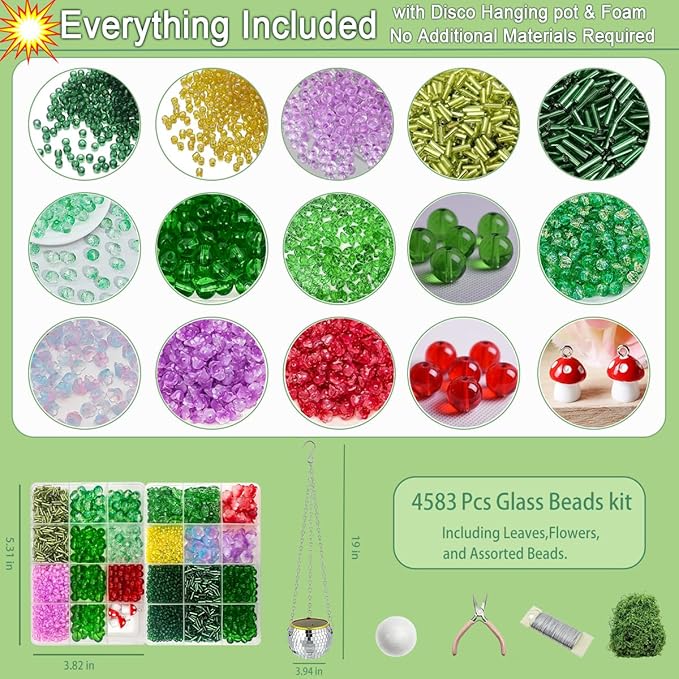 Green Glass Beaded Plant Kit Boho Crystal Suncatcher with Disco Ball Planter DIY Lily of the Valley Premium Glass Flower & Leaf Beads Craft Set for Adults Everlasting Botanical Window Decor Gift