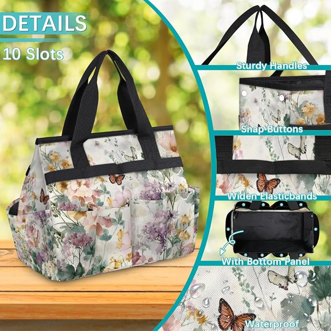 Garden Tote Bag with 10 Pockets Butterfly Heavy Duty Gardening Bags for Tools Organizer Storage Bag with Handle for Garden Lawn Yard Casual