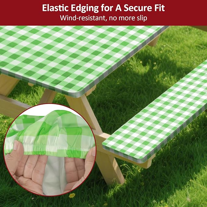 6ft Picnic Table and Bench Cover, Camping Essentials RV Gear, 72in Waterproof Windproof Outdoor Elastic All Around Tablecloth, Fitted Rectangle Tables and Seats, Green-White Checkered