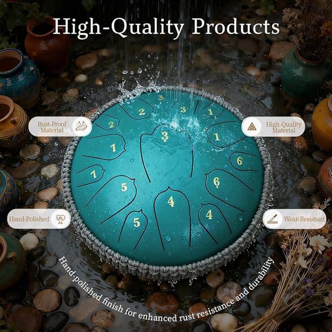 Rain Drum for Outside, 12 Inch 15 Notes Steel Tongue Drum, D Major Percussion Instrument with Soft Bag, Mallets & Music Book, Zen Garden Decor for Meditation, Yoga & Sound Healing (Green)